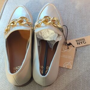 Madden NYC Women's Cream Loafers with Gold Chain
